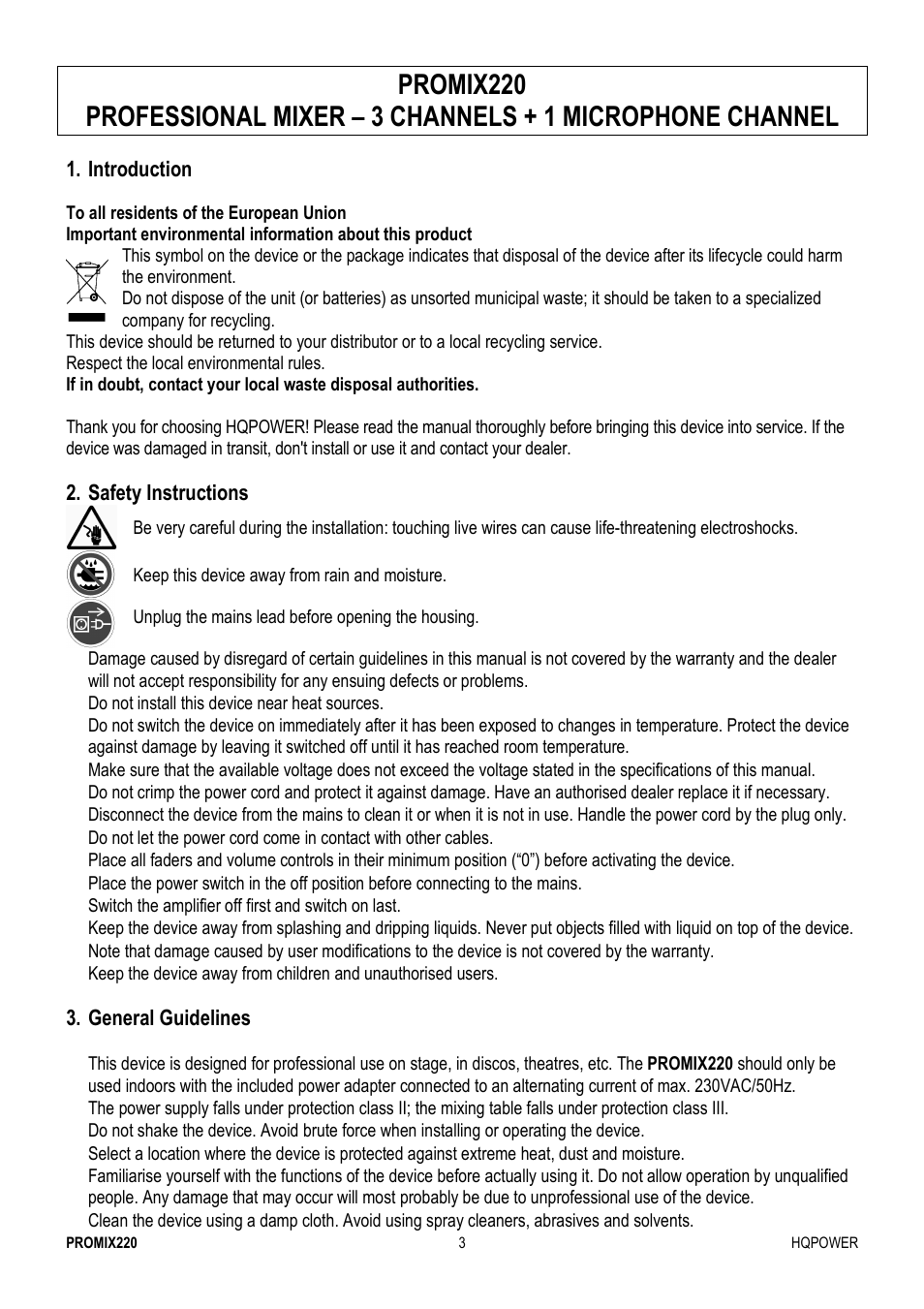 User manual | Velleman PROMIX220 User Manual | Page 3 / 12