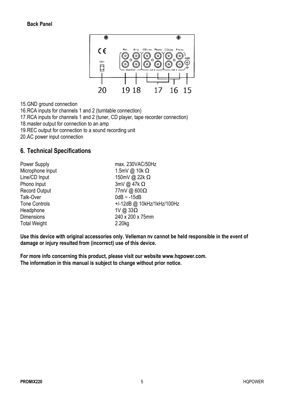 Velleman PROMIX220 User Manual | Page 5 / 12
