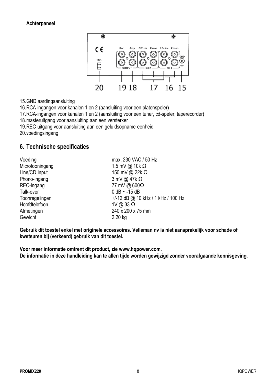 Velleman PROMIX220 User Manual | Page 8 / 12