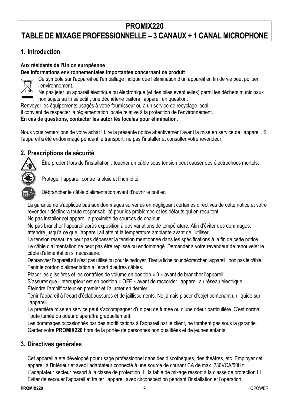 Notice d'emploi | Velleman PROMIX220 User Manual | Page 9 / 12