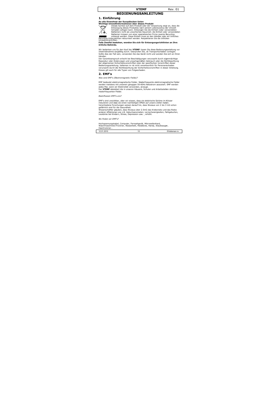 Bedienungs, Sanleitung | Velleman VTEMF User Manual | Page 10 / 16