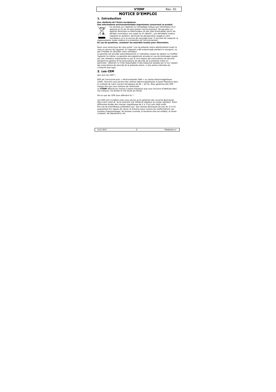 Notice d, D’emploi | Velleman VTEMF User Manual | Page 6 / 16