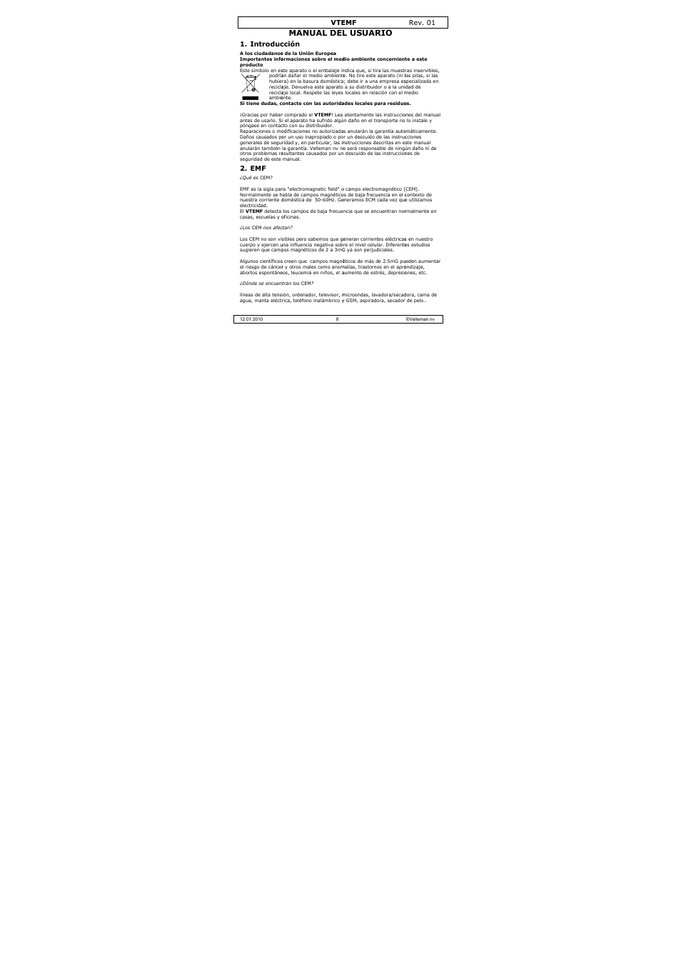 Manual del, L usuario | Velleman VTEMF User Manual | Page 8 / 16