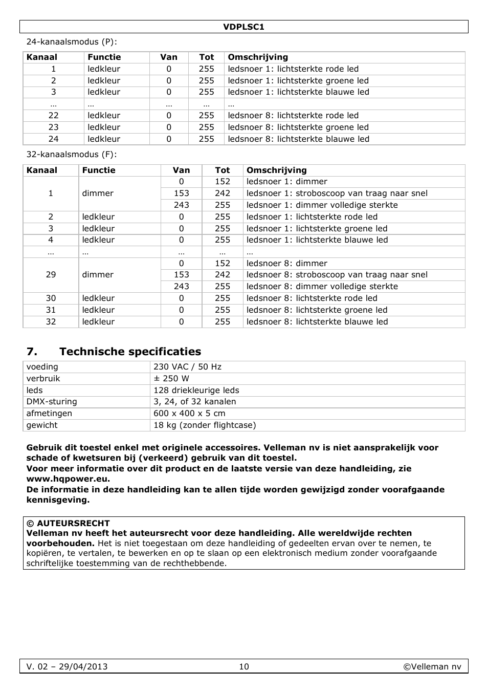 Technische specificaties | Velleman VDPLSC1 User Manual | Page 10 / 24