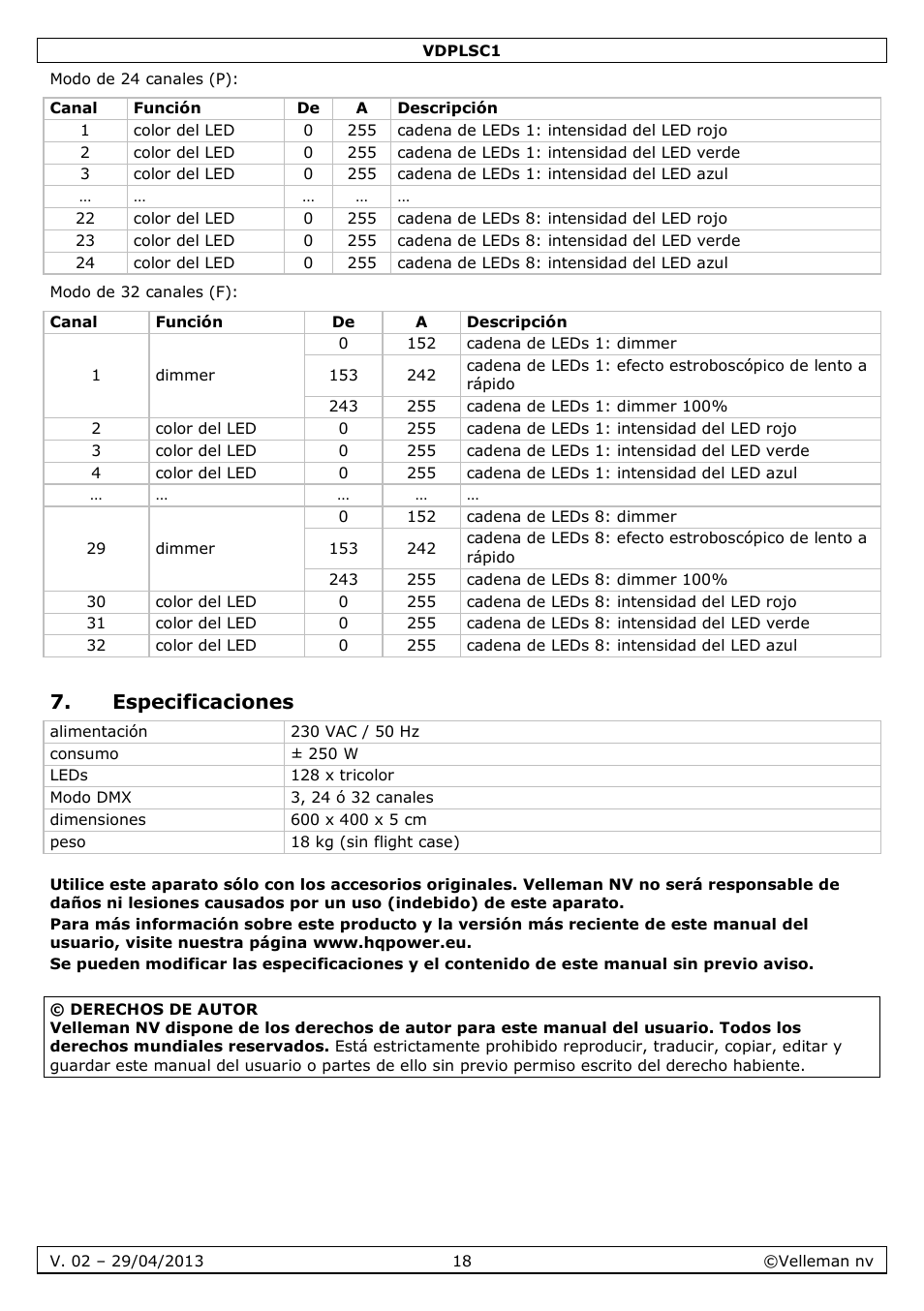 Especificaciones | Velleman VDPLSC1 User Manual | Page 18 / 24