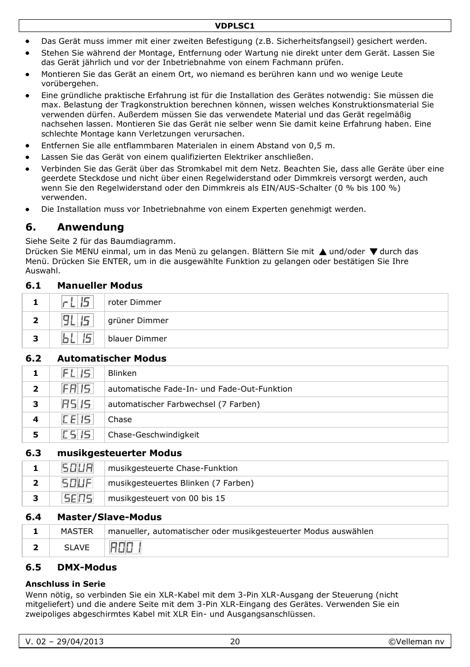 Anwendung, 1 manueller modus, 2 automatischer modus | 3 musikgesteuerter modus, 4 master/slave-modus, 5 dmx-modus, Anschluss in serie | Velleman VDPLSC1 User Manual | Page 20 / 24