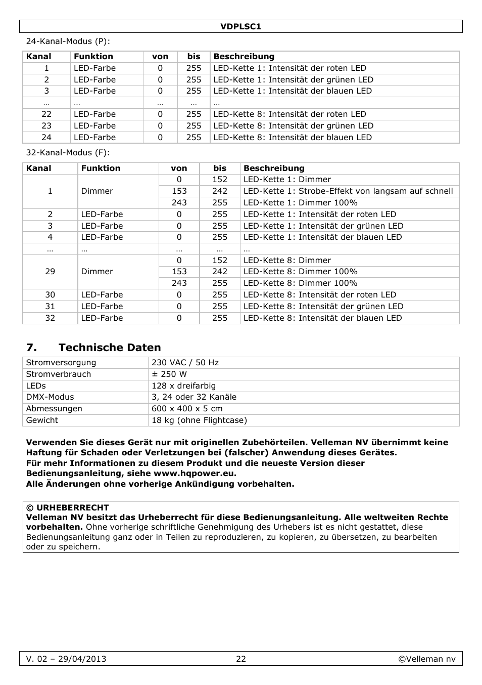 Technische daten | Velleman VDPLSC1 User Manual | Page 22 / 24
