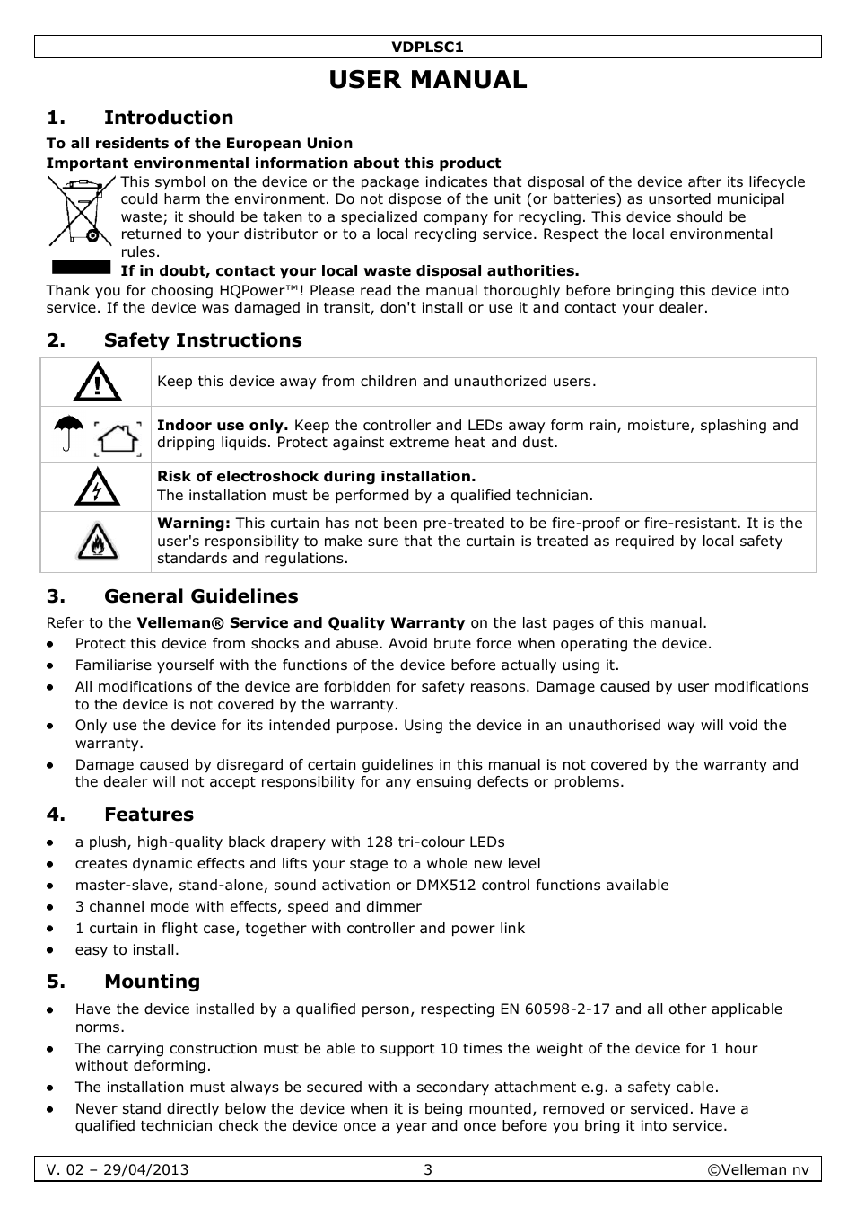 User manual, Introduction, Safety instructions | General guidelines, Features, Mounting | Velleman VDPLSC1 User Manual | Page 3 / 24