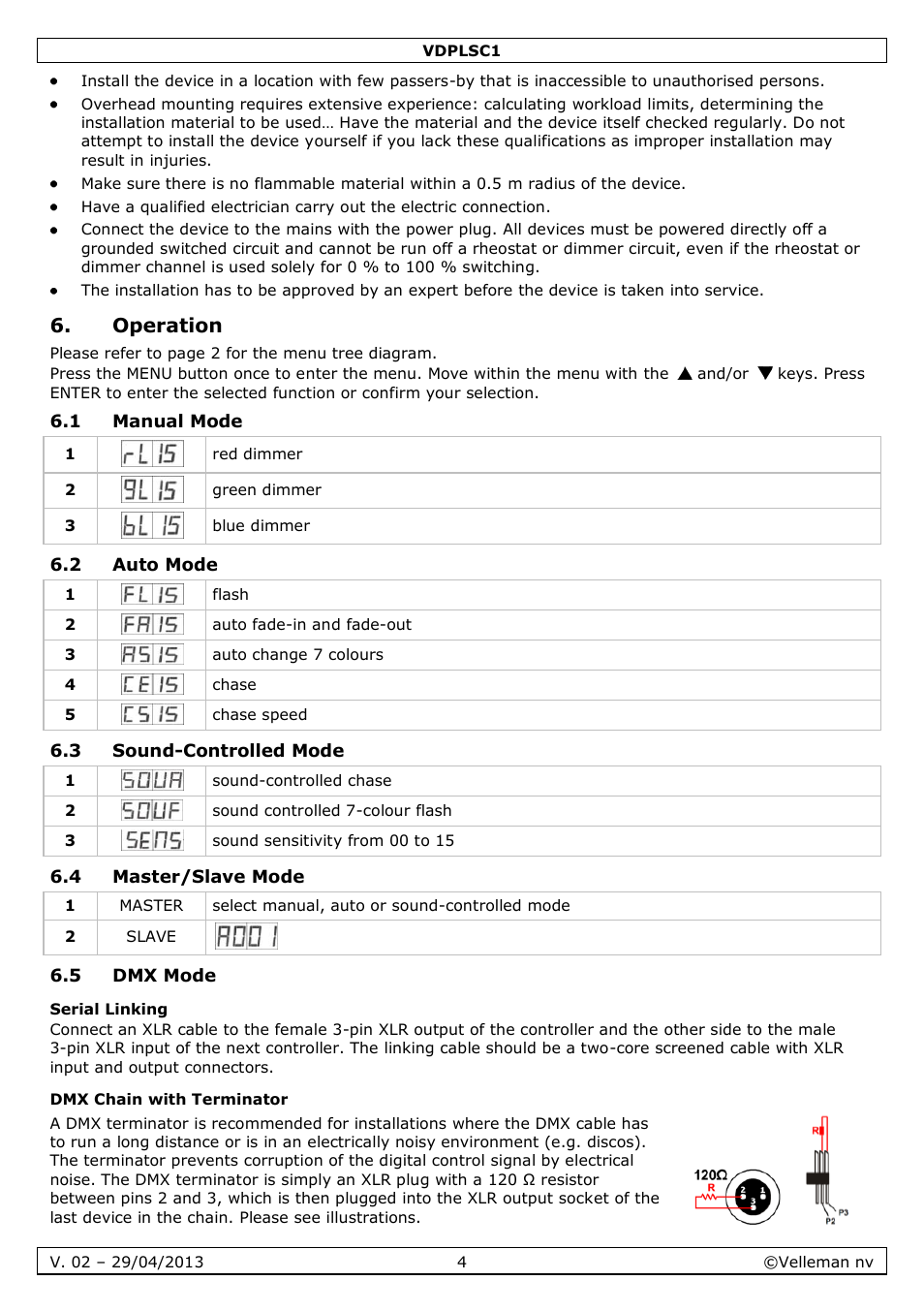 Operation, 1 manual mode, 2 auto mode | 3 sound-controlled mode, 4 master/slave mode, 5 dmx mode, Serial linking, Dmx chain with terminator | Velleman VDPLSC1 User Manual | Page 4 / 24