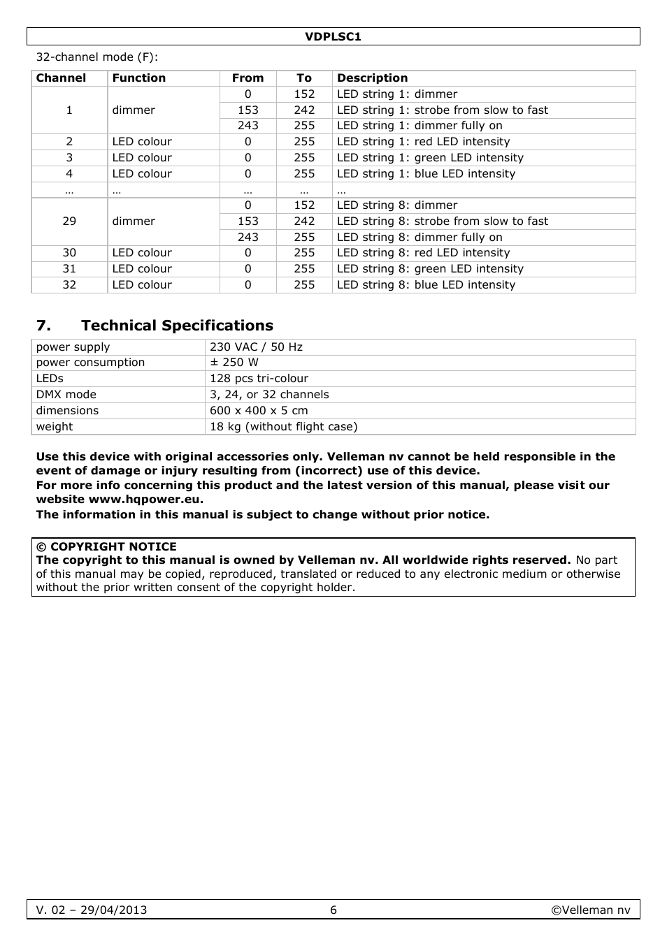 Technical specifications | Velleman VDPLSC1 User Manual | Page 6 / 24