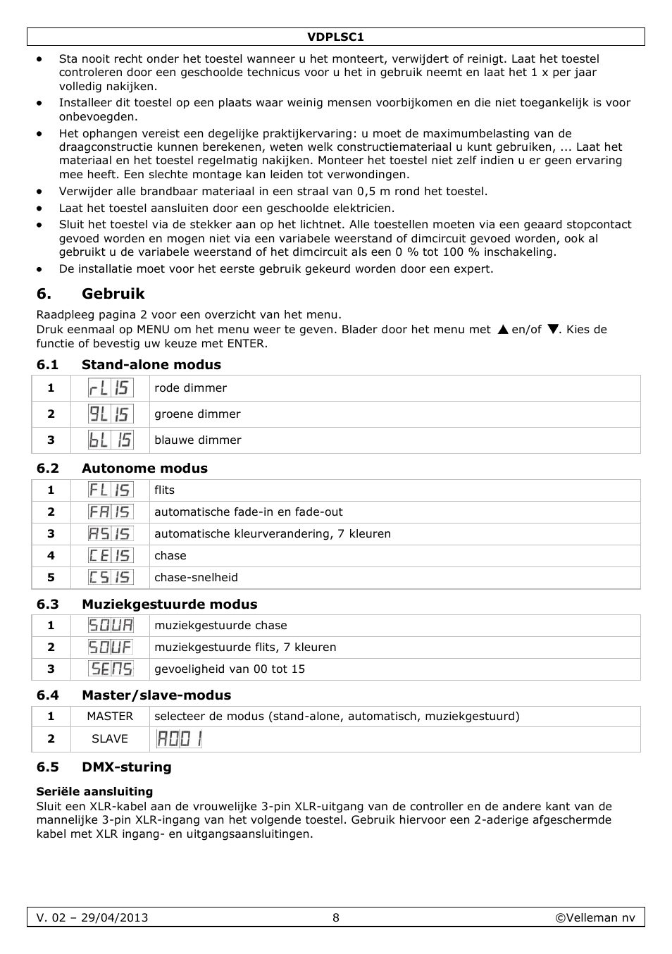 Gebruik, 1 stand-alone modus, 2 autonome modus | 3 muziekgestuurde modus, 4 master/slave-modus, 5 dmx-sturing, Seriële aansluiting | Velleman VDPLSC1 User Manual | Page 8 / 24