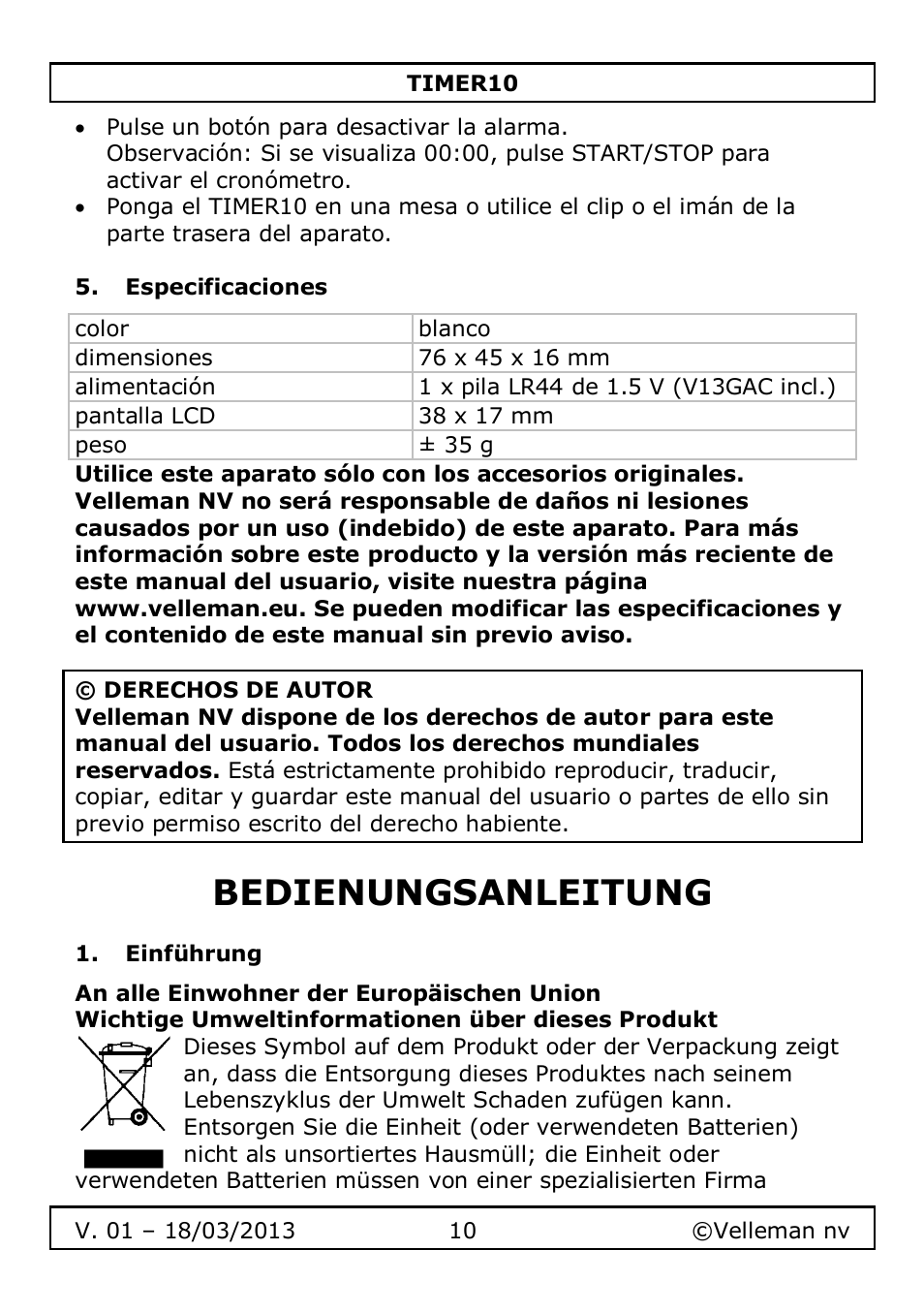 Especificaciones, Bedienungsanleitung, Einführung | Velleman TIMER10 User Manual | Page 10 / 24
