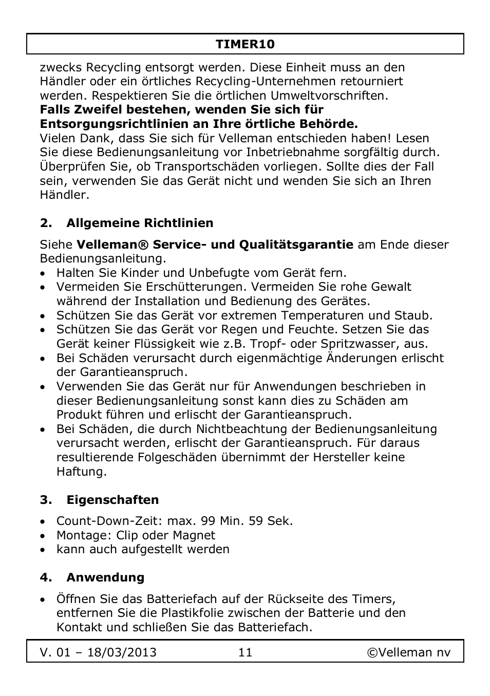 Allgemeine richtlinien, Eigenschaften, Anwendung | Velleman TIMER10 User Manual | Page 11 / 24