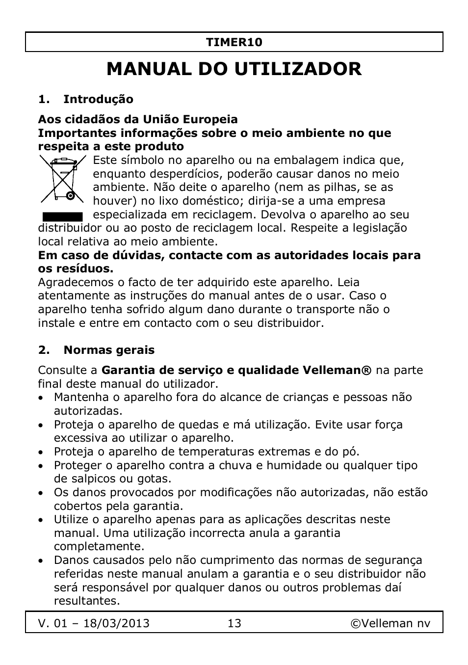 Manual do utilizador, Introdução, Normas gerais | Velleman TIMER10 User Manual | Page 13 / 24