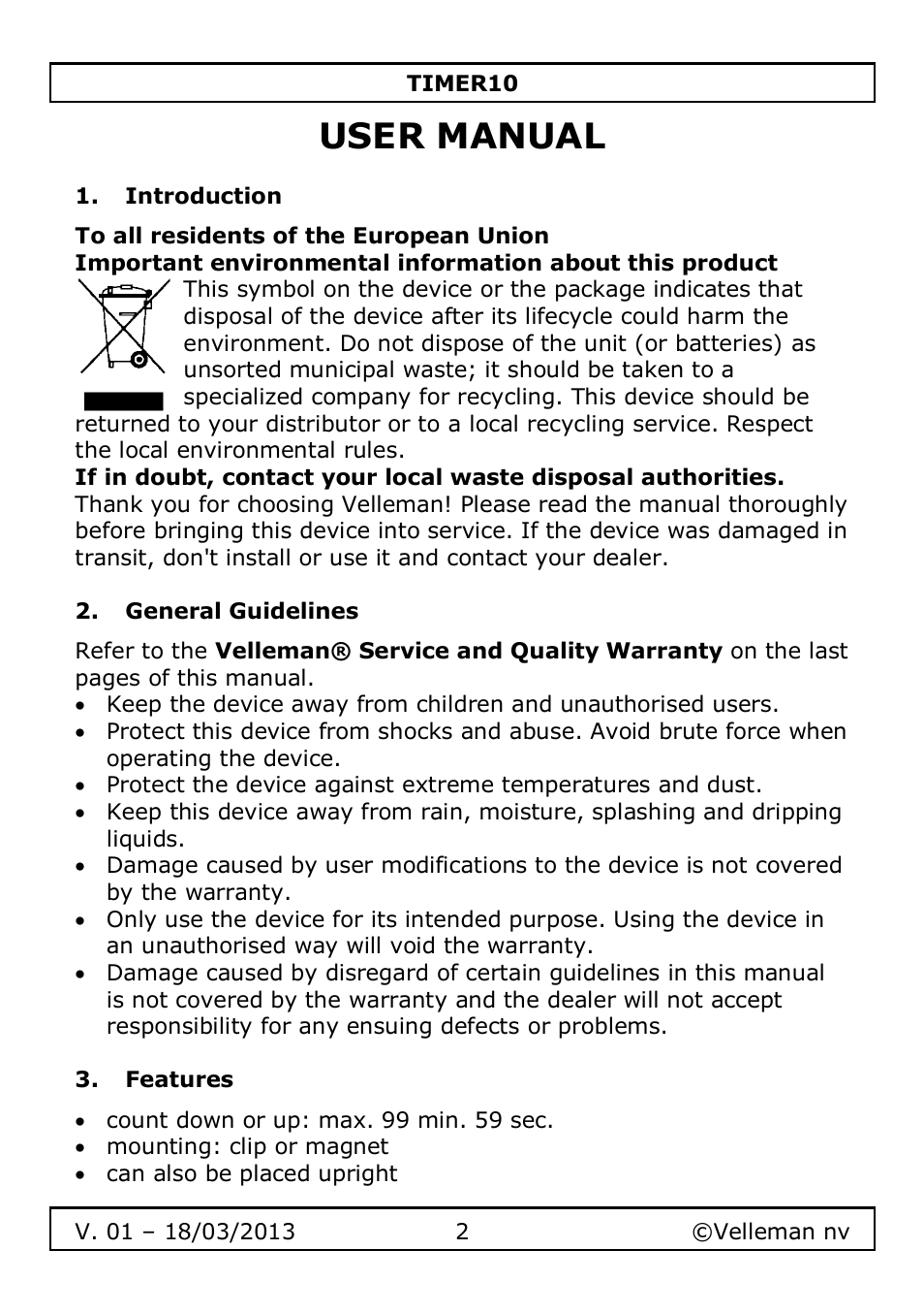 User manual, Introduction, General guidelines | Features | Velleman TIMER10 User Manual | Page 2 / 24