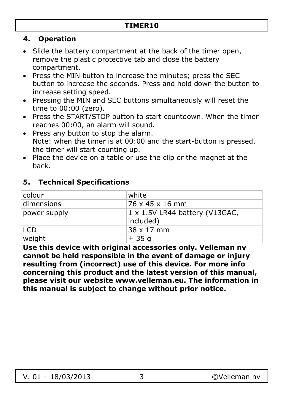 Operation, Technical specifications | Velleman TIMER10 User Manual | Page 3 / 24