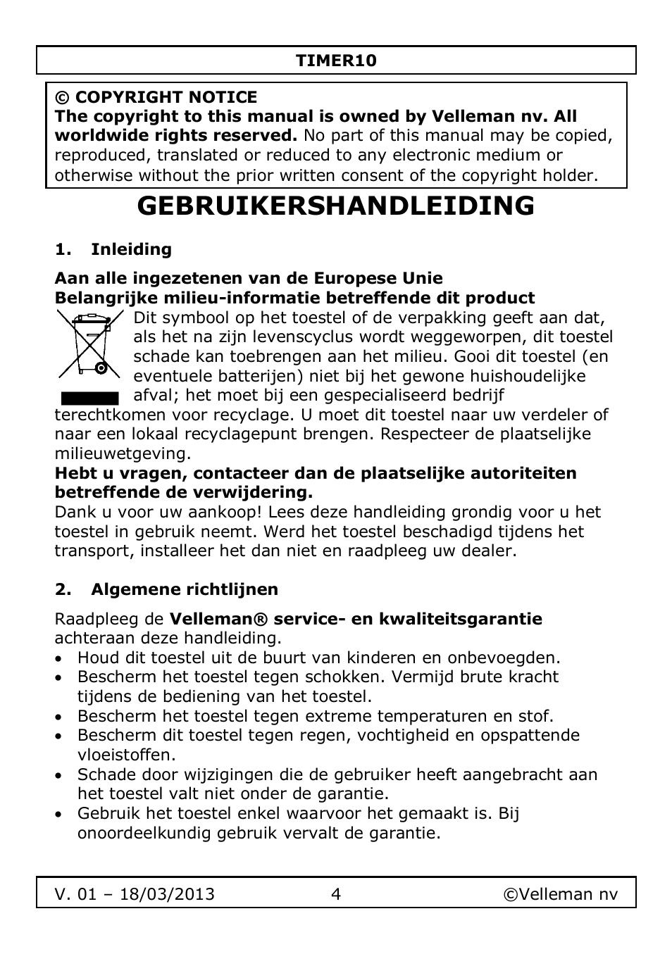 Gebruikershandleiding, Inleiding, Algemene richtlijnen | Velleman TIMER10 User Manual | Page 4 / 24