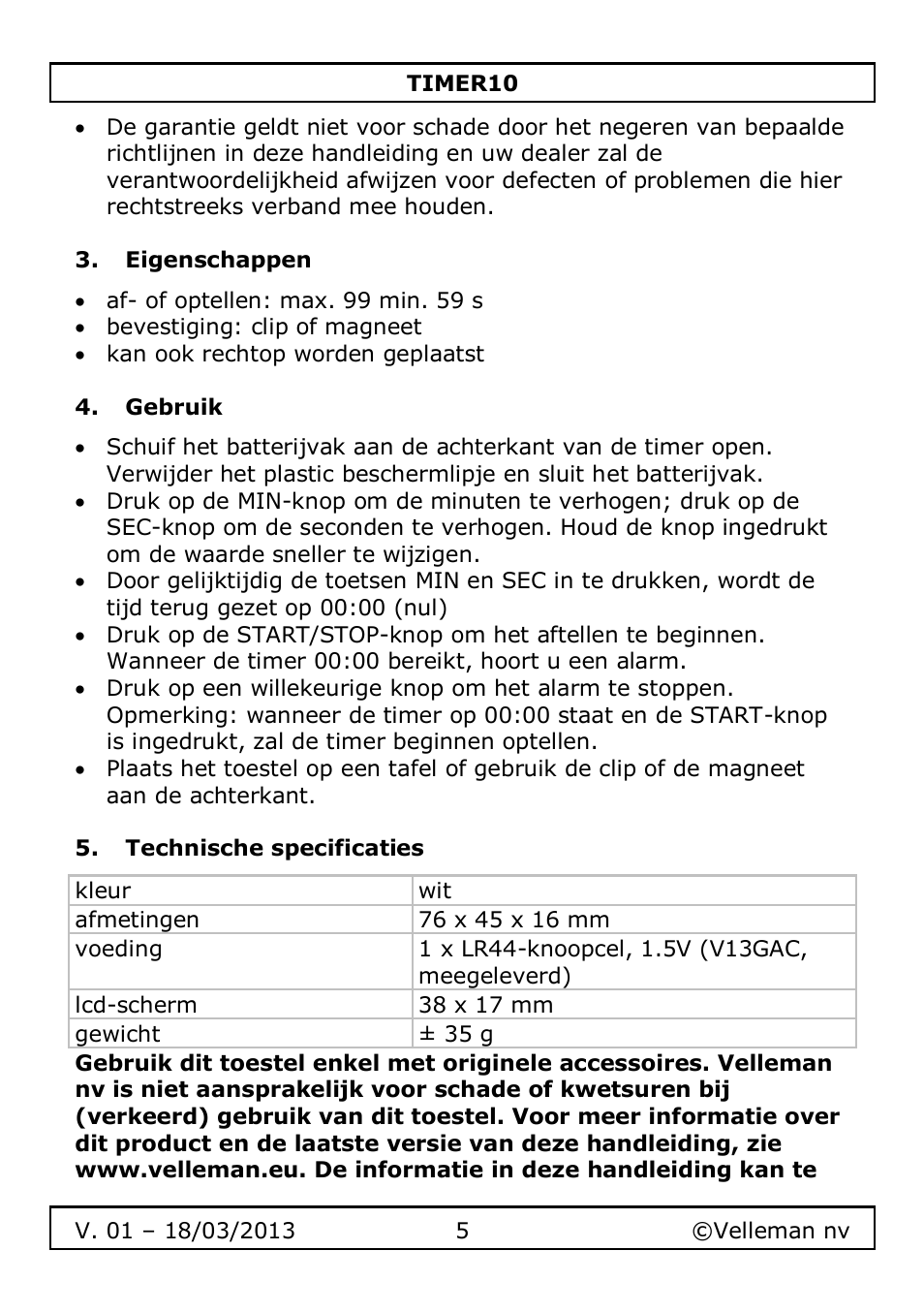 Eigenschappen, Gebruik, Technische specificaties | Velleman TIMER10 User Manual | Page 5 / 24
