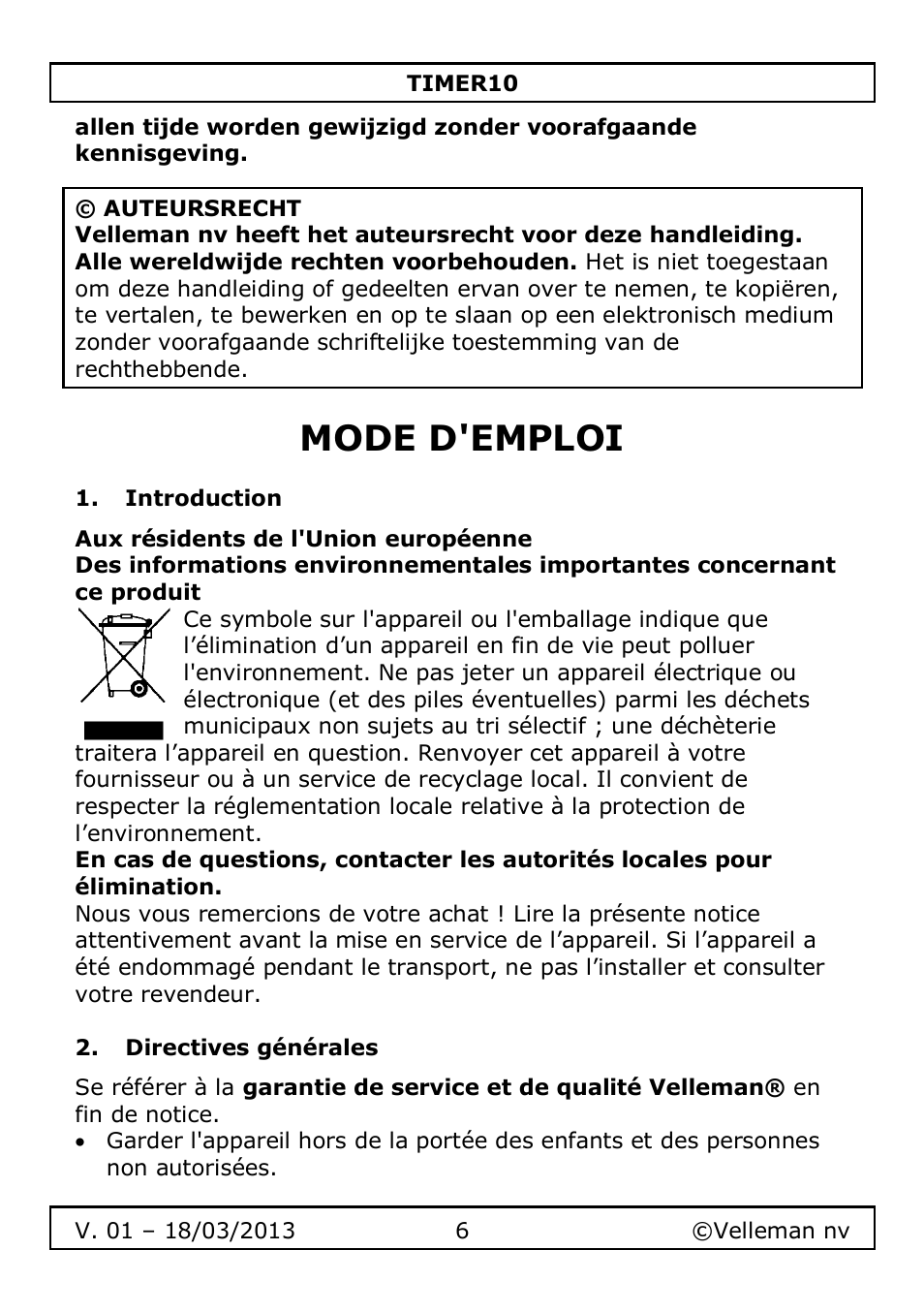 Mode d'emploi, Introduction, Directives générales | Velleman TIMER10 User Manual | Page 6 / 24