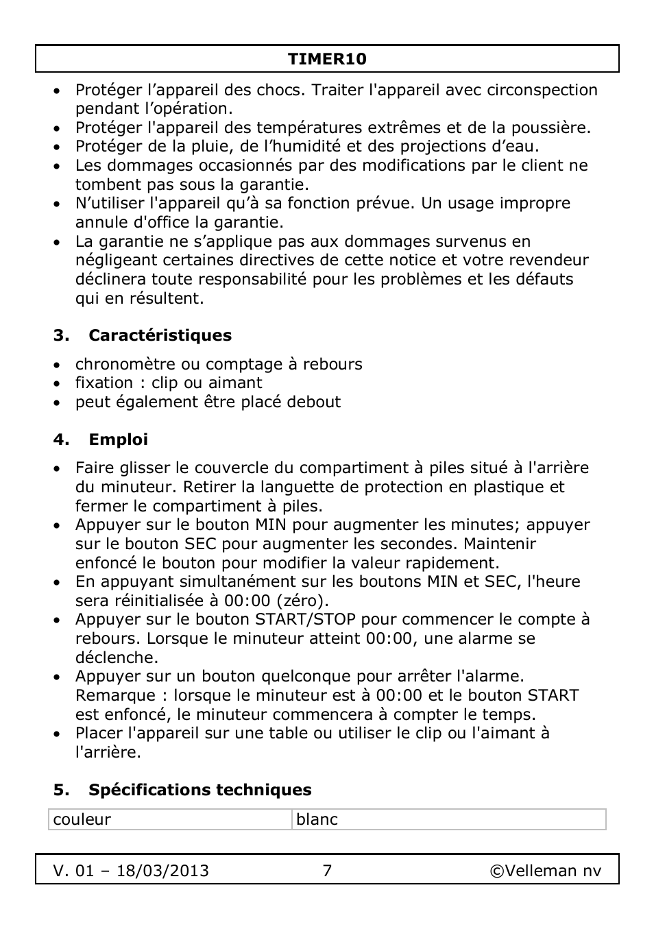 Caractéristiques, Emploi, Spécifications techniques | Velleman TIMER10 User Manual | Page 7 / 24