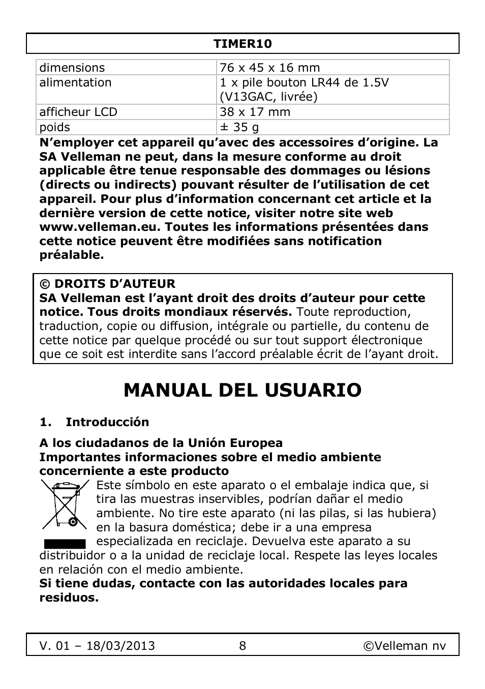 Manual del usuario, Introducción | Velleman TIMER10 User Manual | Page 8 / 24