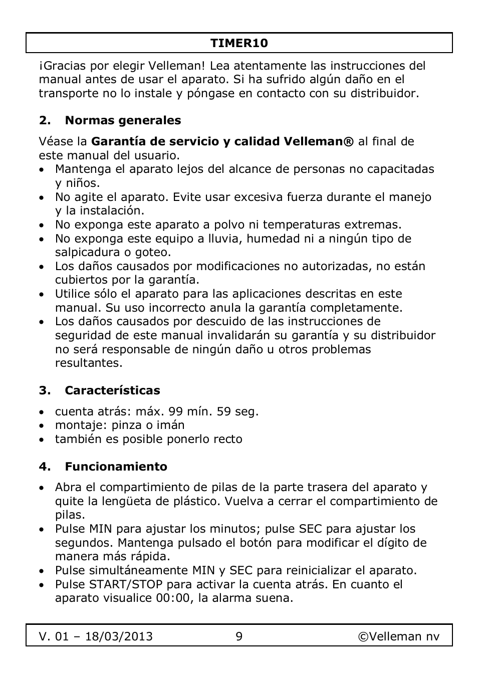 Normas generales, Características, Funcionamiento | Velleman TIMER10 User Manual | Page 9 / 24