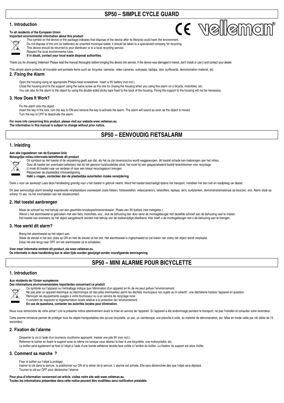 Velleman SP50 User Manual | 2 pages