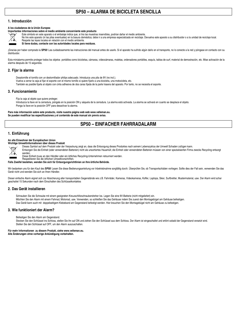 Sp50 – alarma de bicicleta sencilla, Sp50 – einfacher fahrradalarm | Velleman SP50 User Manual | Page 2 / 2