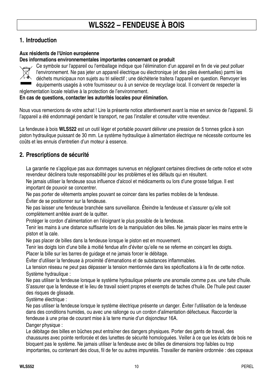 Wls522 – fendeuse à bois | Velleman WLS552 User Manual | Page 10 / 44