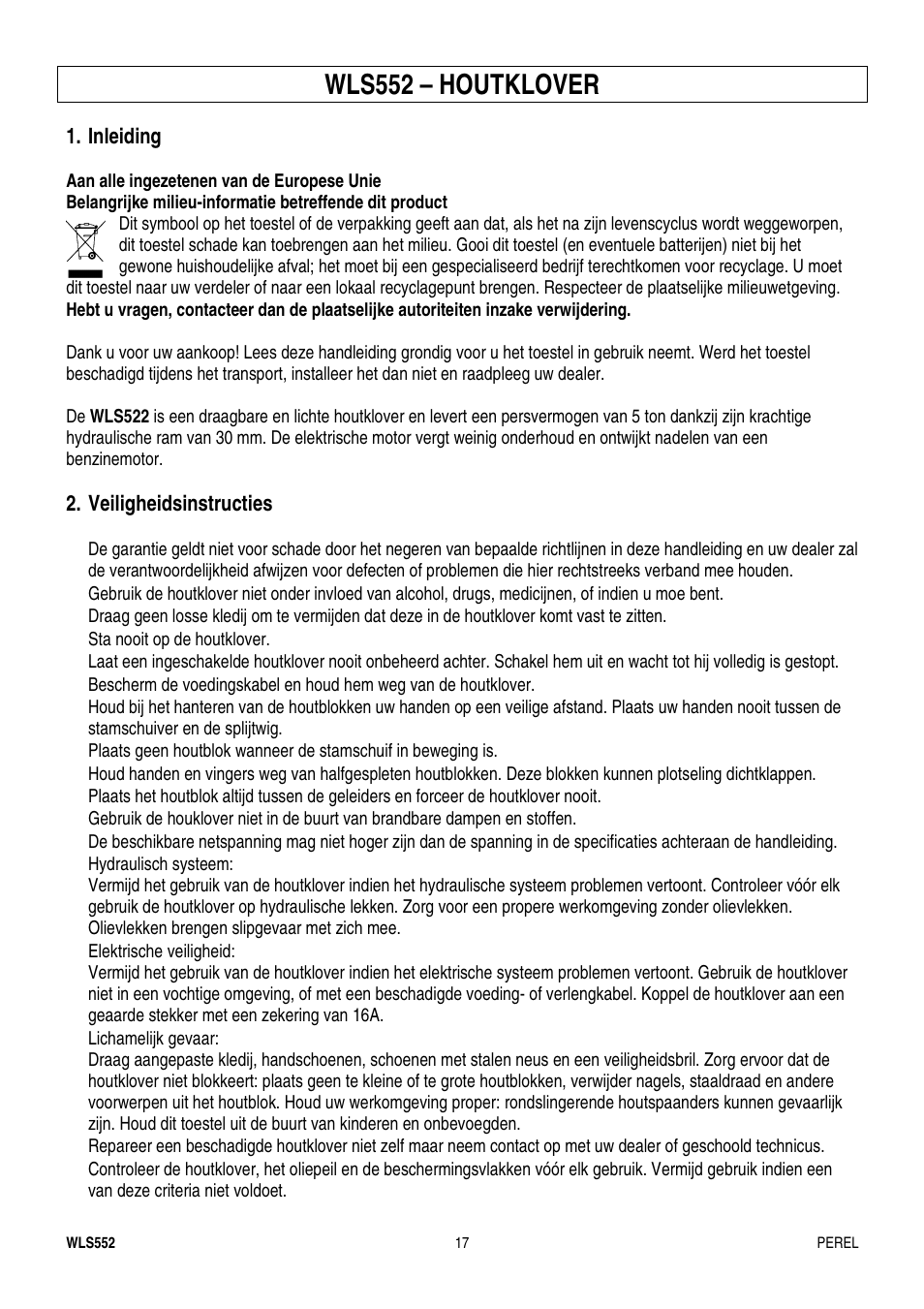 Wls552 – houtklover | Velleman WLS552 User Manual | Page 17 / 44