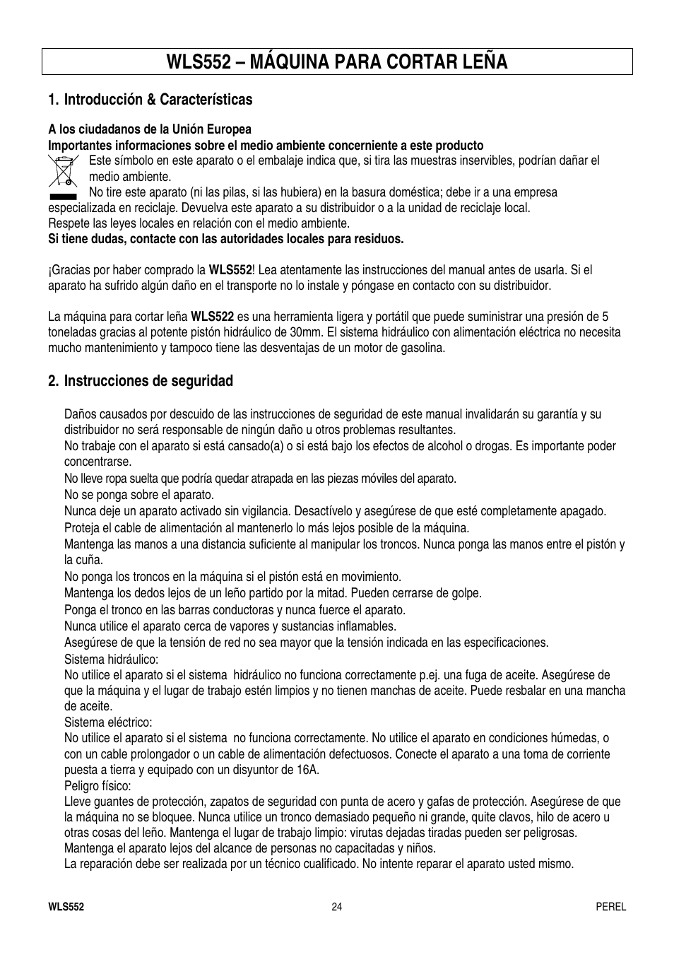 Wls552 – máquina para cortar leña | Velleman WLS552 User Manual | Page 24 / 44