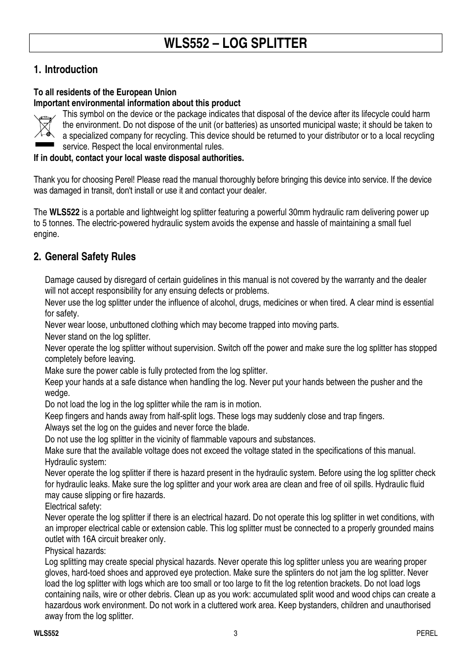 Wls552 – log splitter | Velleman WLS552 User Manual | Page 3 / 44