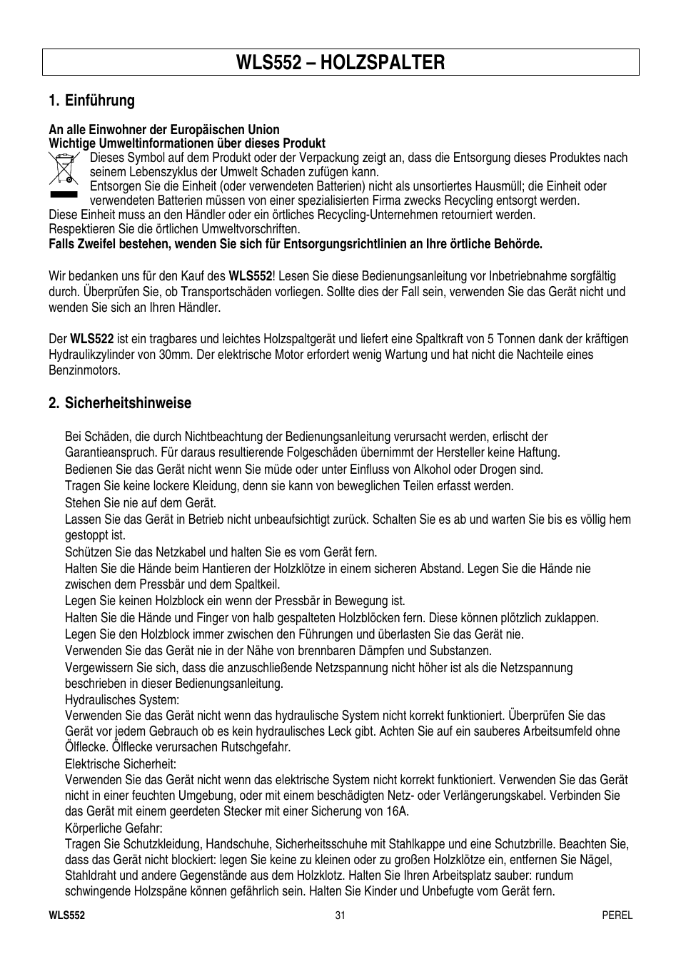 Wls552 – holzspalter | Velleman WLS552 User Manual | Page 31 / 44
