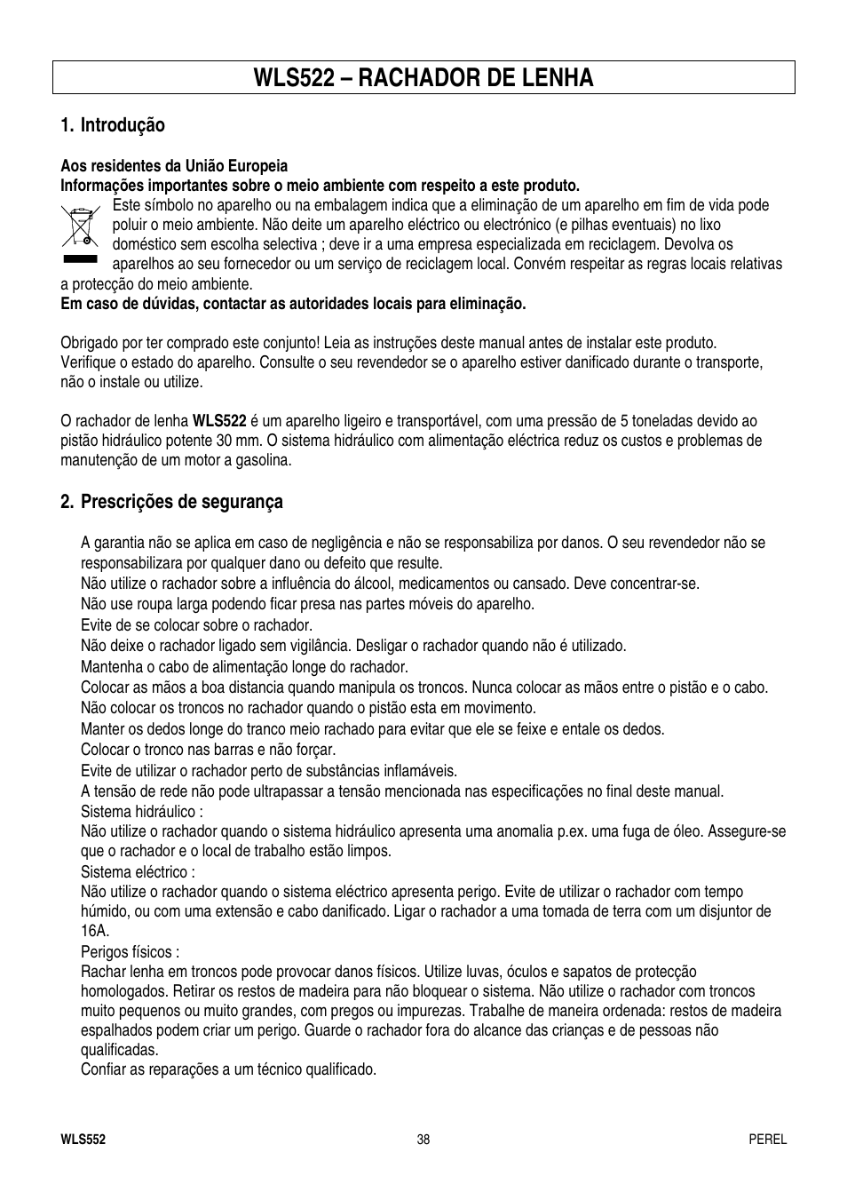 Wls522 – rachador de lenha | Velleman WLS552 User Manual | Page 38 / 44