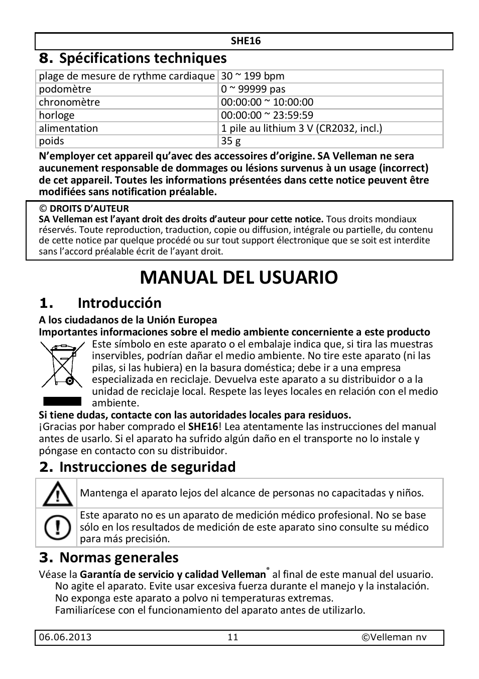 Manual del usuario, Spécifications techniques, Introducción | Instrucciones de seguridad, Normas generales | Velleman SHE16 User Manual | Page 11 / 21