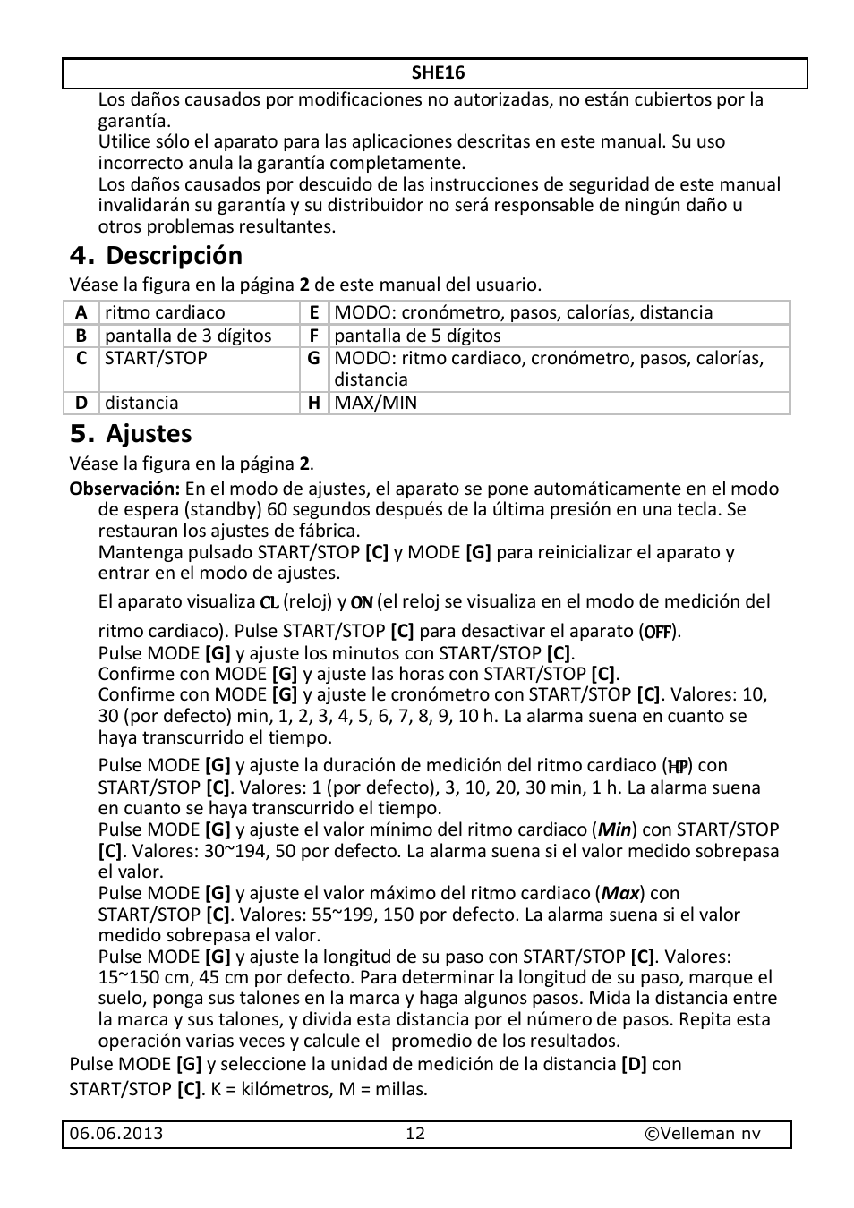 Descripción, Ajustes | Velleman SHE16 User Manual | Page 12 / 21