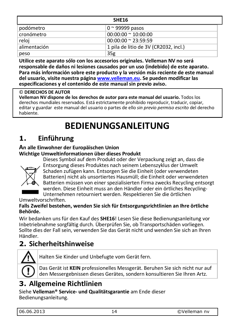 Bedienungsanleitung, Einführung, Sicherheitshinweise | Allgemeine richtlinien | Velleman SHE16 User Manual | Page 14 / 21