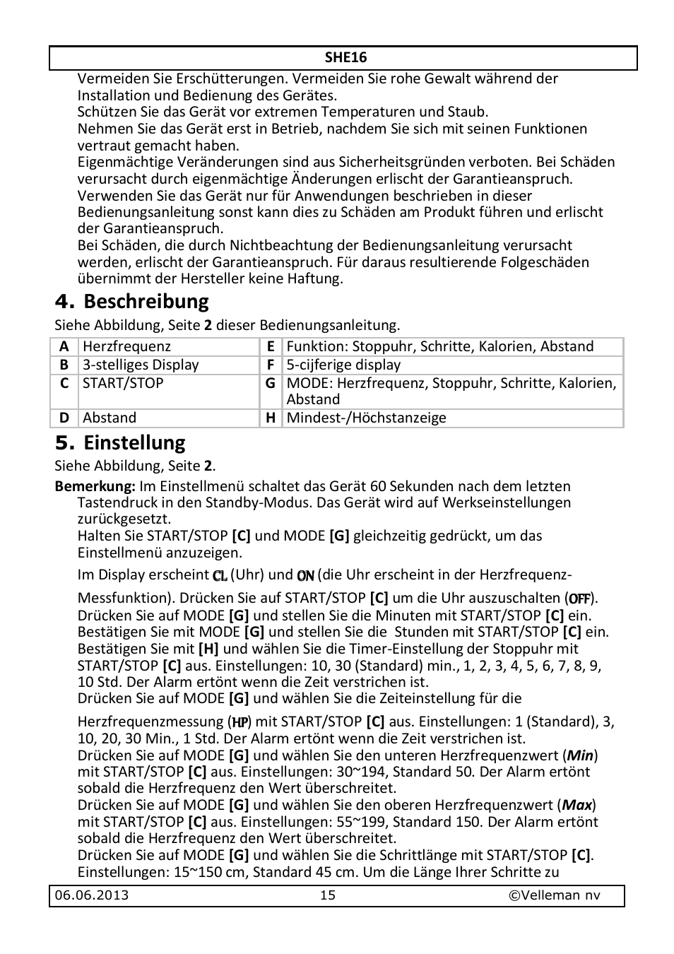 Beschreibung, Einstellung | Velleman SHE16 User Manual | Page 15 / 21