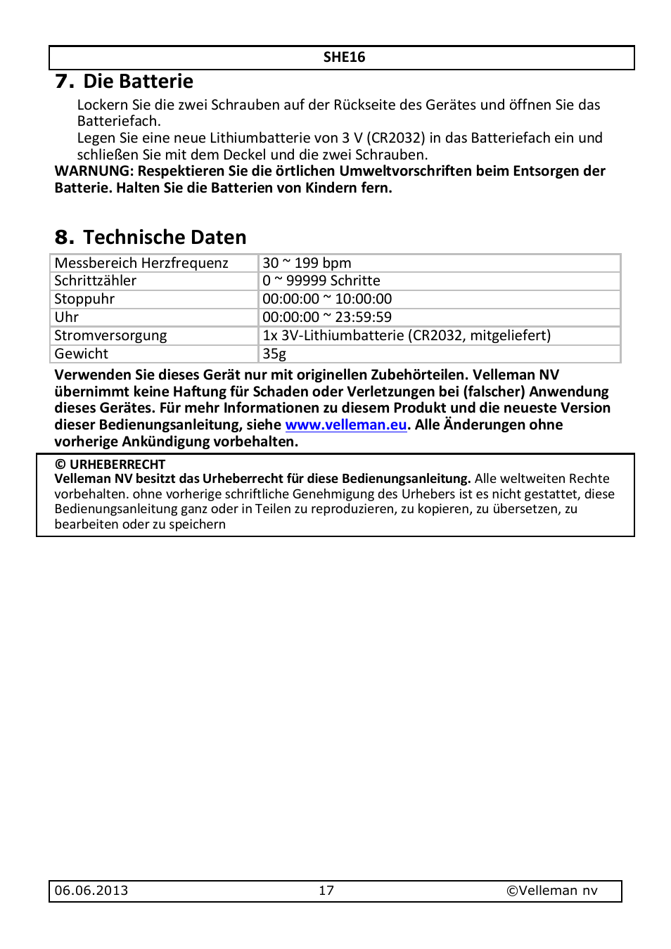 Die batterie, Technische daten | Velleman SHE16 User Manual | Page 17 / 21