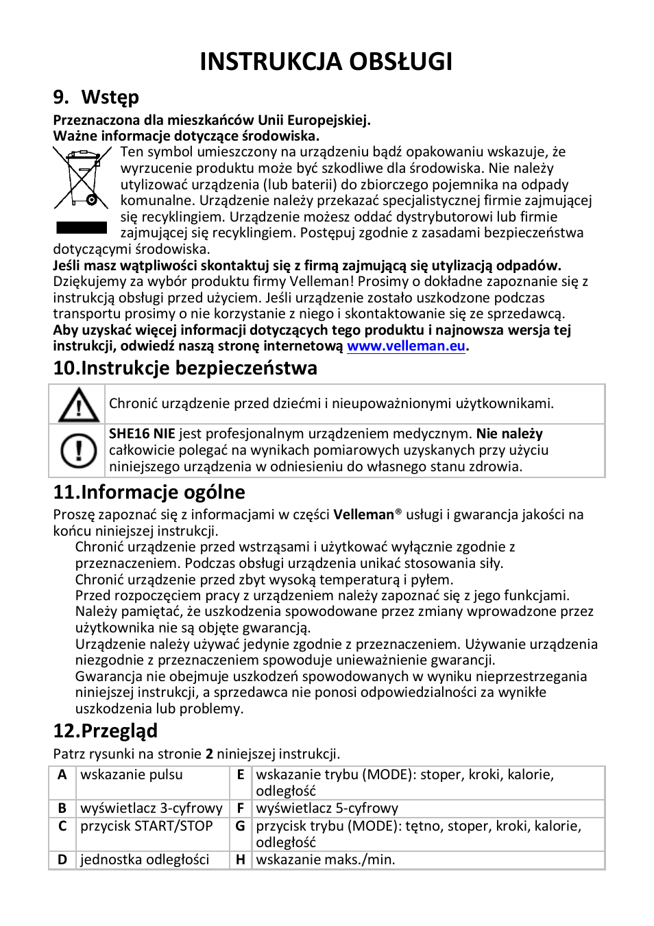Instrukcja obsługi, Wstęp, Instrukcje bezpieczeństwa | Informacje ogólne, Przegląd | Velleman SHE16 User Manual | Page 18 / 21