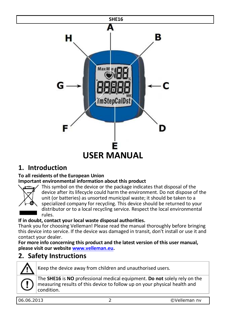 User manual, Introduction, Safety instructions | Velleman SHE16 User Manual | Page 2 / 21