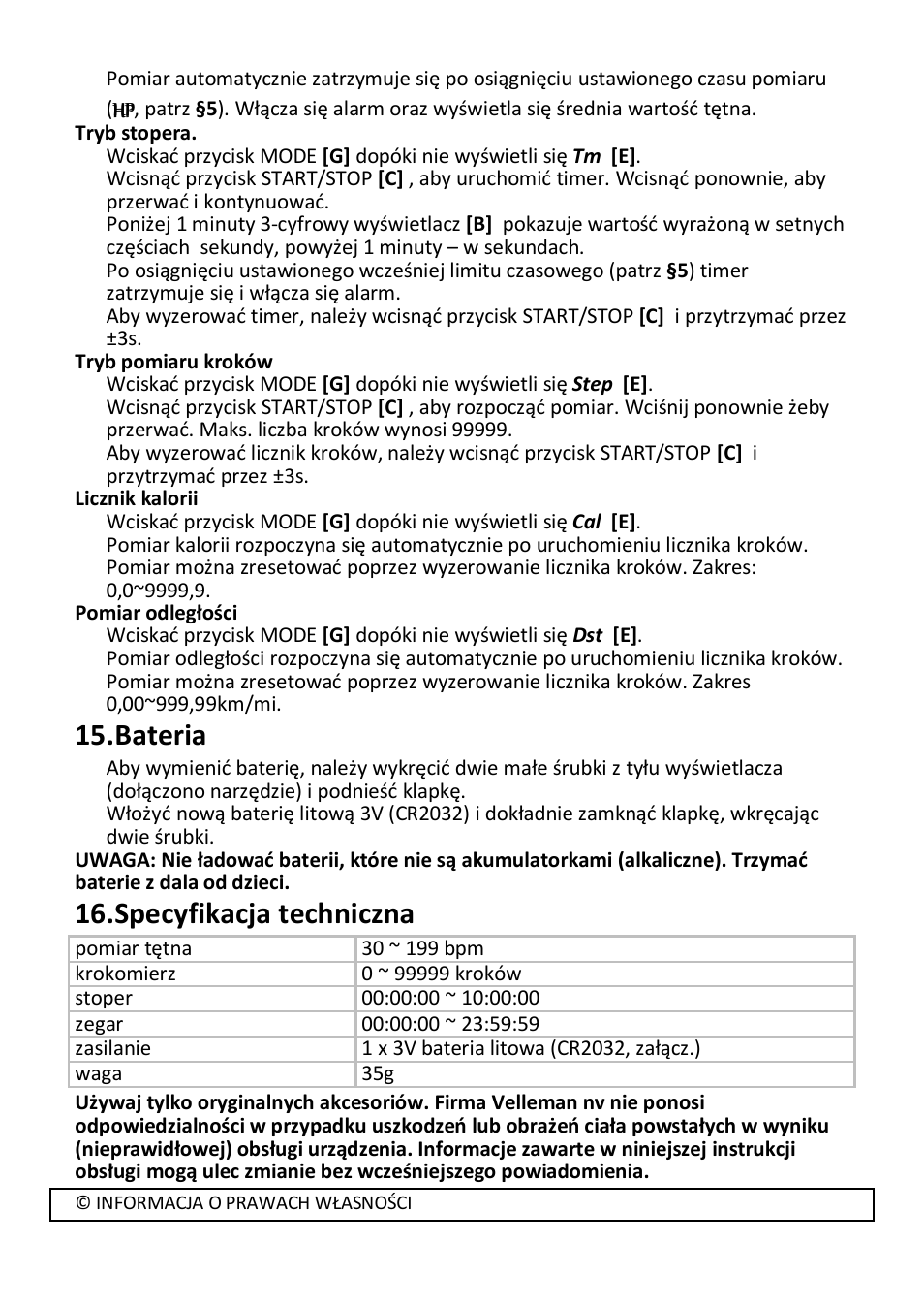 Bateria, Specyfikacja techniczna | Velleman SHE16 User Manual | Page 20 / 21