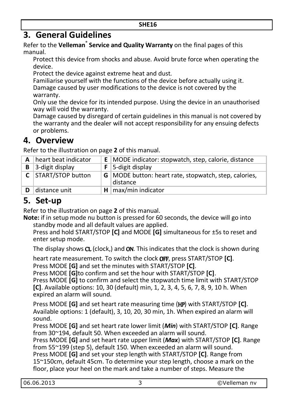 General guidelines, Overview, Set-up | Velleman SHE16 User Manual | Page 3 / 21