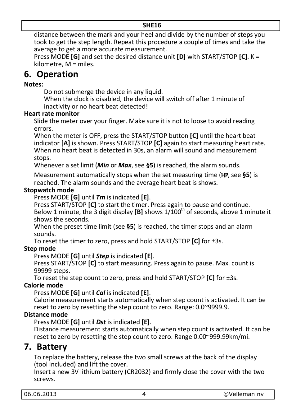 Operation, Battery | Velleman SHE16 User Manual | Page 4 / 21