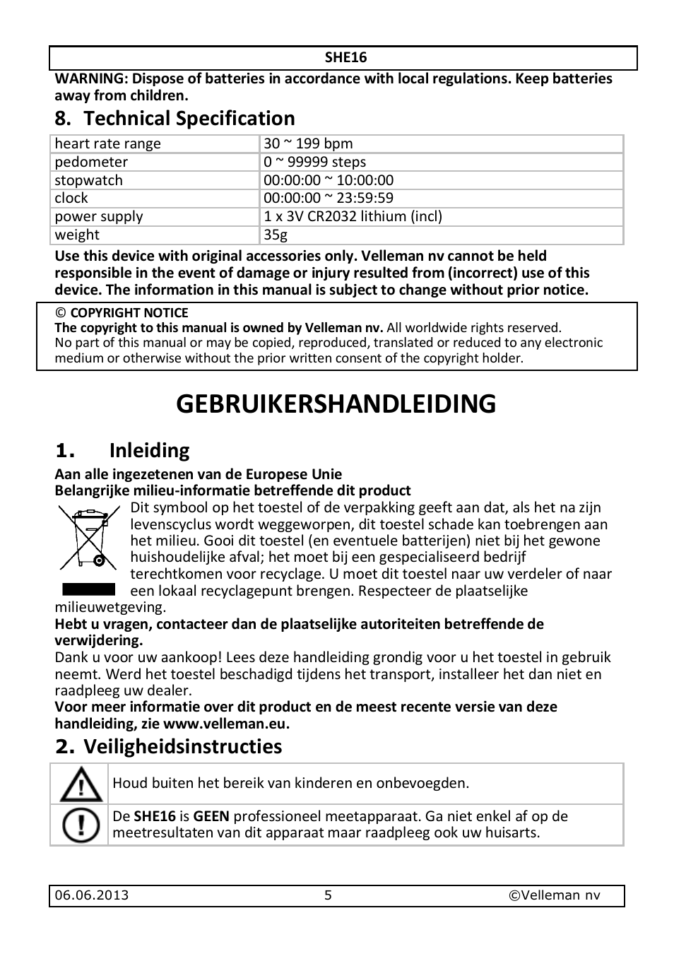 Gebruikershandleiding, Technical specification, Inleiding | Veiligheidsinstructies | Velleman SHE16 User Manual | Page 5 / 21