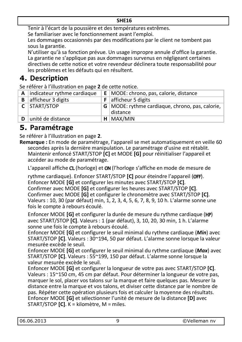 Description, Paramétrage | Velleman SHE16 User Manual | Page 9 / 21