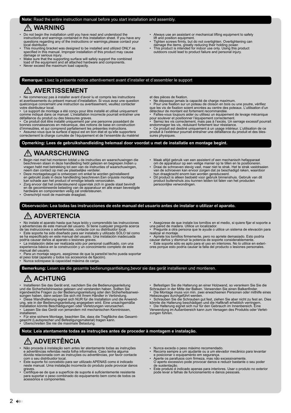 Warning, Avertissement, Waarschuwing | Advertencia, Achtung, Advertência | Velleman WB039 User Manual | Page 2 / 48