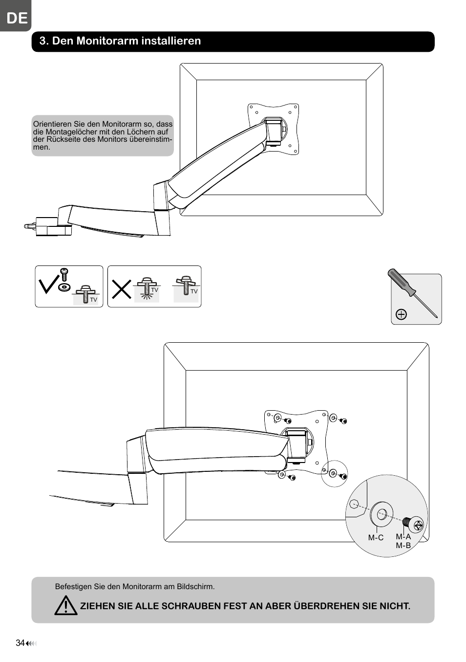 C ket, Den monitorarm installieren | Velleman WB039 User Manual | Page 34 / 48