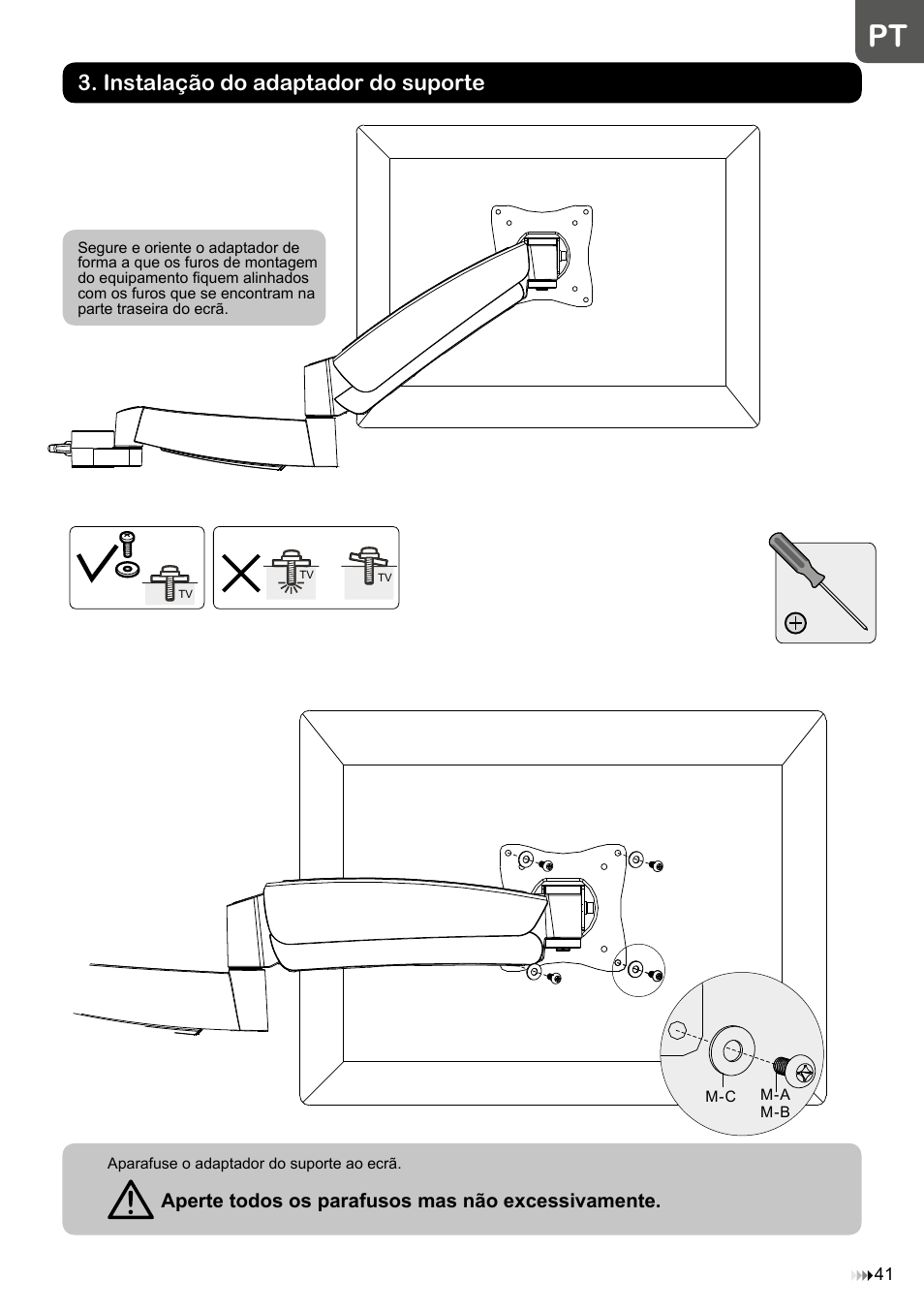 C ket, Instalação do adaptador do suporte, Aperte todos os parafusos mas não excessivamente | Velleman WB039 User Manual | Page 41 / 48