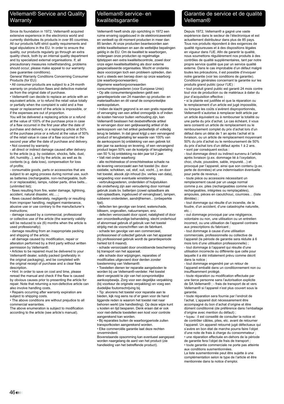 Velleman® service and quality warranty, Velleman® service- en kwaliteitsgarantie, Garant garantie de service et de qualité velleman | Velleman WB039 User Manual | Page 46 / 48